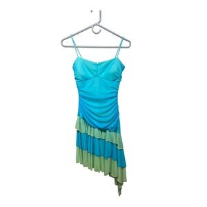 Y2K Vintage Blue & Green Asymmetrical Ruffle Hem Dress Mermaid Fairy